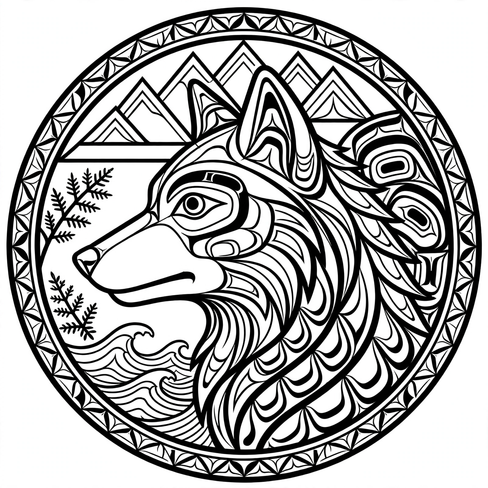 Wolf pendant artwork: bold laser-engraved line art